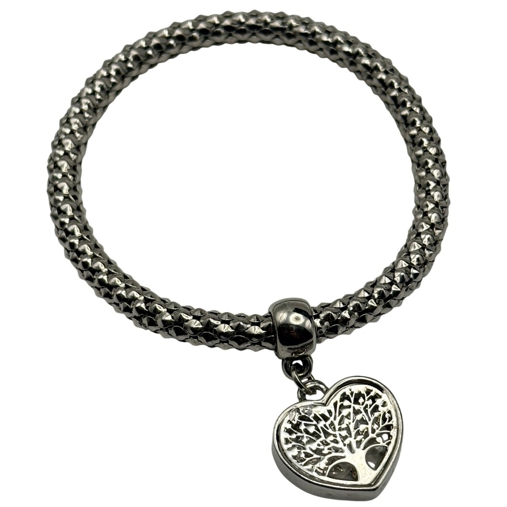 Silver Tone Pandora Style Mesh Snake Chain Bracelet Tree of Life‎ Heart Charm